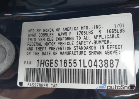 2001 Honda Civic Lx z USA, uszkodzony, nr VIN 1HGES16551L043887